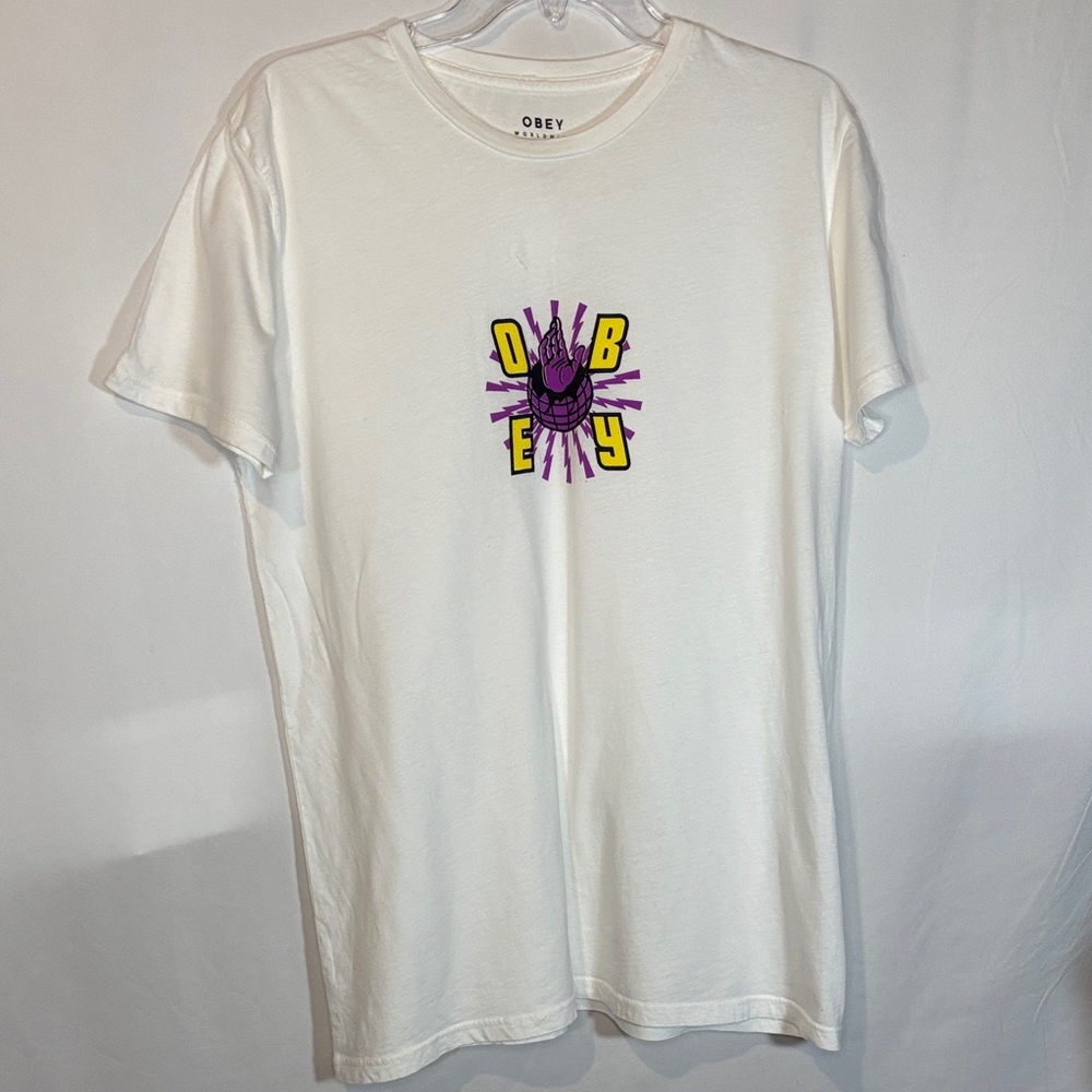 Obey White Tee with Purple and Yellow Graphic